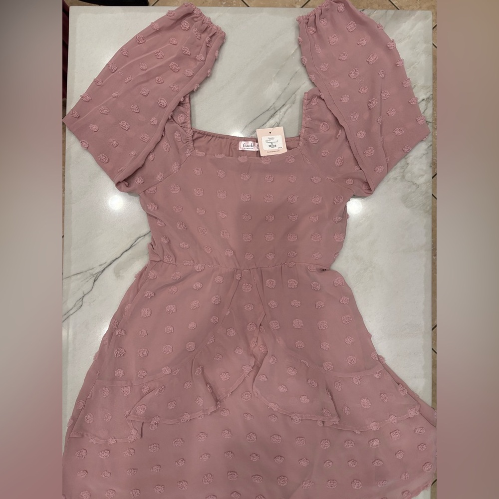 Francesca's Mauve Clip Dot Ruffle Dress Same Day Shipping Size 2/3 New With Tags
